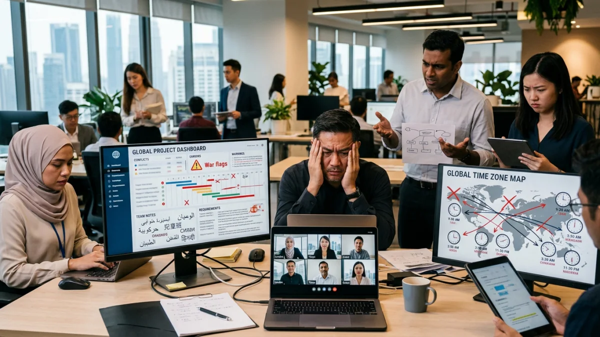 一位馬來西亞企業經理面對多語言文件和混亂的時區圖，表情困惑，展現跨文化協作痛點。
