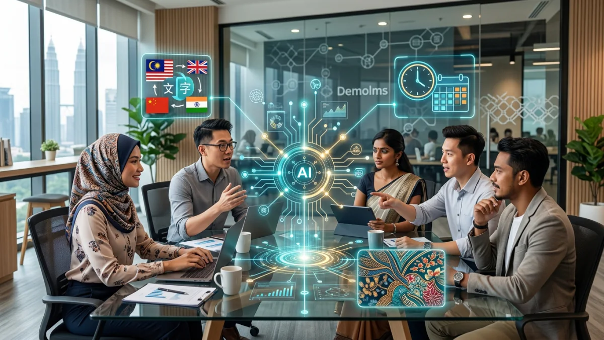 demolms 的 AI 解決方案圖，展示智慧翻譯、文化分析和自動化排程如何促進跨文化團隊協作。