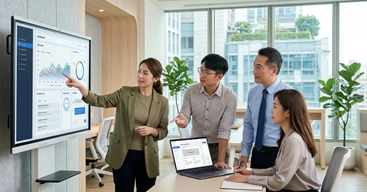 台灣中小企業代表正在辦公室中利用 AI 工具提升工作效率