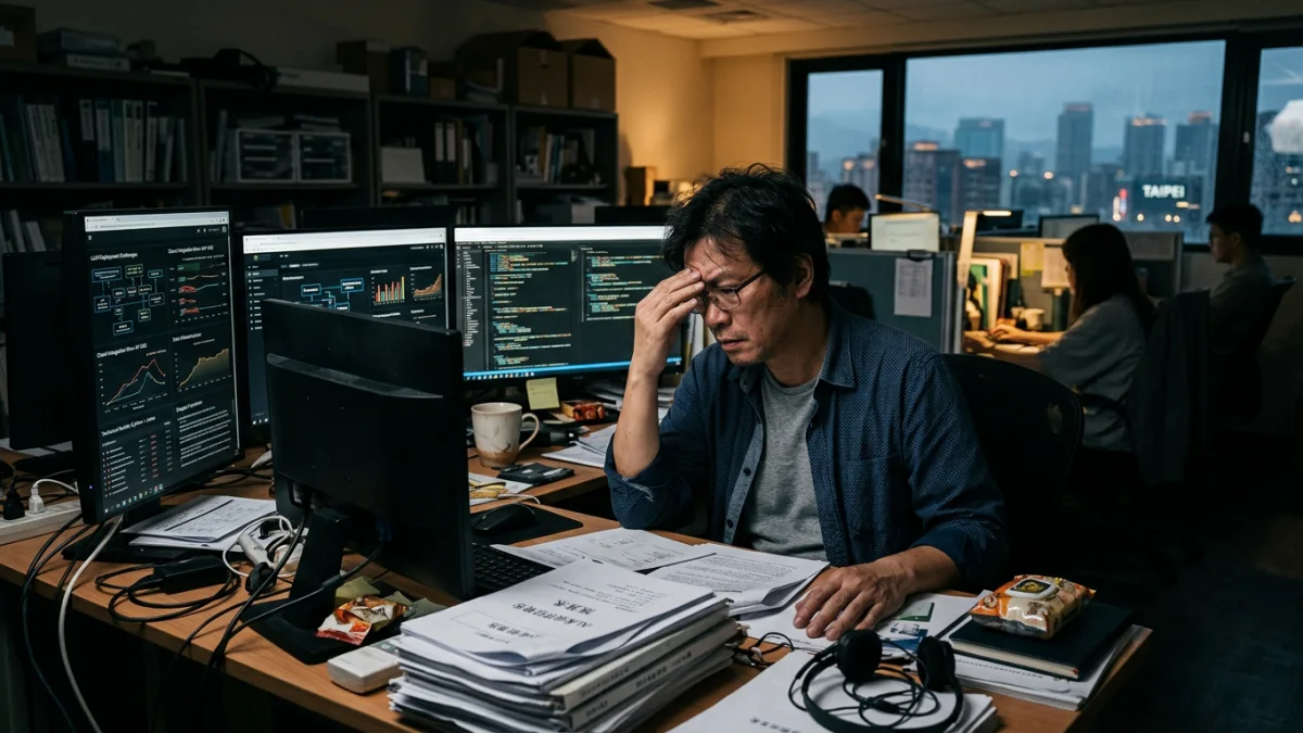 一位台灣中小企業主面對複雜的數據報表和電腦螢幕感到困惑與壓力