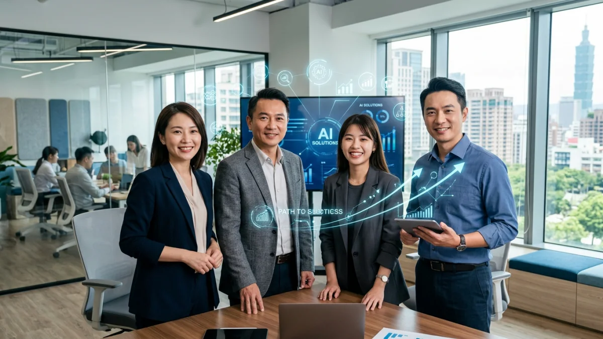 一個充滿活力且專業的團隊在 demolms 品牌形象下，邀請中小企業探索 AI 解決方案