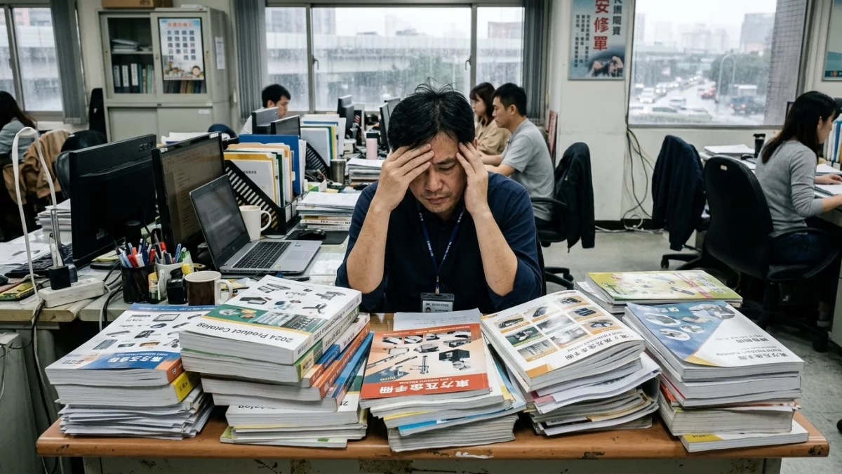 一位業務人員面對堆積如山的紙本型錄，表情困擾，背景是混亂的辦公桌
